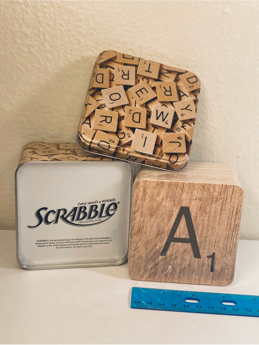 NEW Giant Scrabble Table Tiles in Cute Tin 3 1/2” Squares